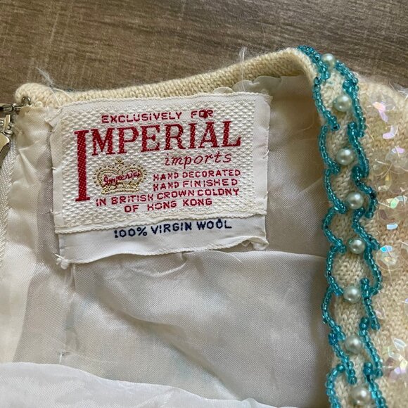 Vintage Beaded Sequin Top Womens Large Cream Blue Ocean Cell 60s Mad Men Mermaid - Picture 6 of 15